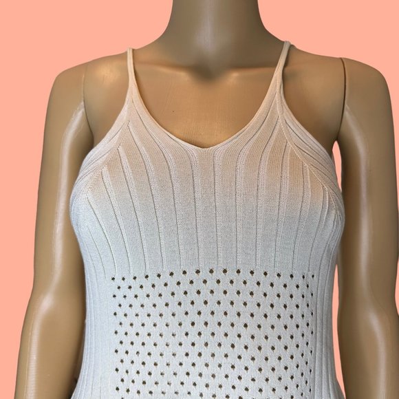 Womens Ribbed Beach Slip Dress Large L Ivory Crochet Stretch Knee Length Eyelet - Picture 6 of 11